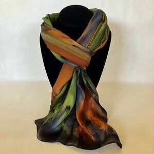 Hand Painted Silk Scarf Olive Green Brown Unique Rectangle Head Neck New Gift